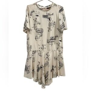 TIBI Asymmetrical Ink Postage Stamp Short Sleeve Lined Dress
